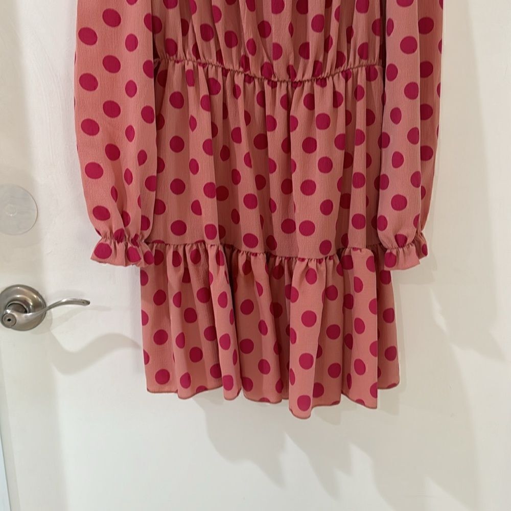 PRETTY LITTLE THING pink polka dot ruffle off shoulder dress empire waist belt 6 - Picture 8 of 10